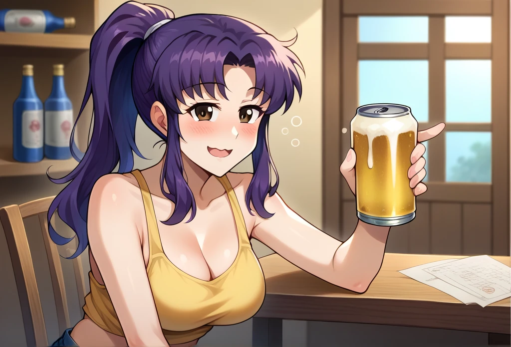 misato_katsuragui, 1girl, purple hair center parted, sidelocks, ponytail, solo, (drunk:1.2) (flushed:1.1) (blushing:1.3), open mouth cute wavy mouth, holding (beer glass:1.1), (loose:1.2) clothing, yellow loose crop top, breasts, shorts, sitting, cleavage, brown eyes, holding, looking at viewer, ponytail, long hair,  holding can, (denim shorts:1.1), purple hair, closed mouth, smile, bare shoulders, collarbone,  