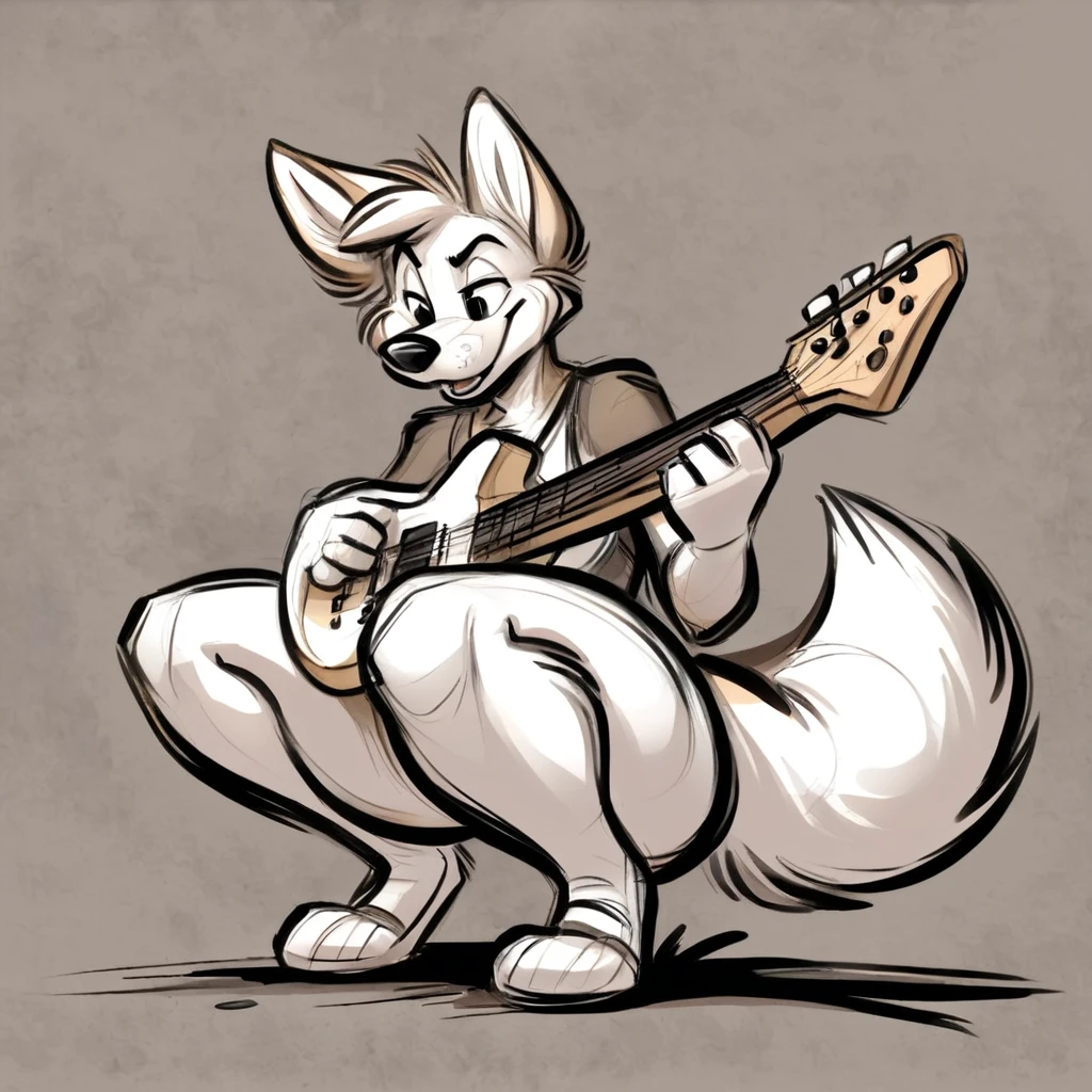 A anthropomorphic fox, wearing black doing rock n rock, squatting, playing a electric guitar, squatting down, has thick thighs, high quality, crisp, 