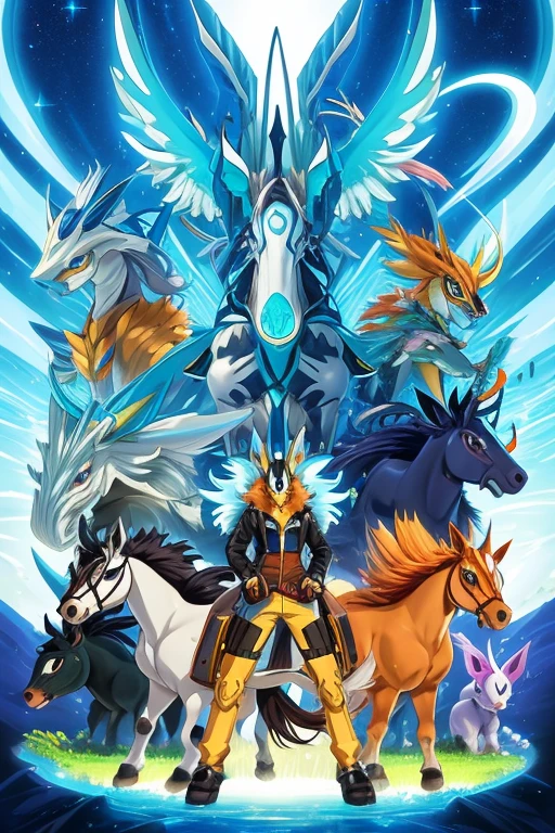 animal illustrations,mixed species,different kinds of animals,various species,diverse animals,digimon evolution，Ultimate Evolution，perfect body，ultimate body，horse，There is personification，digimon evolution，Ultimate Evolution，perfect body，ultimate body，UFO，有horse，There is personification