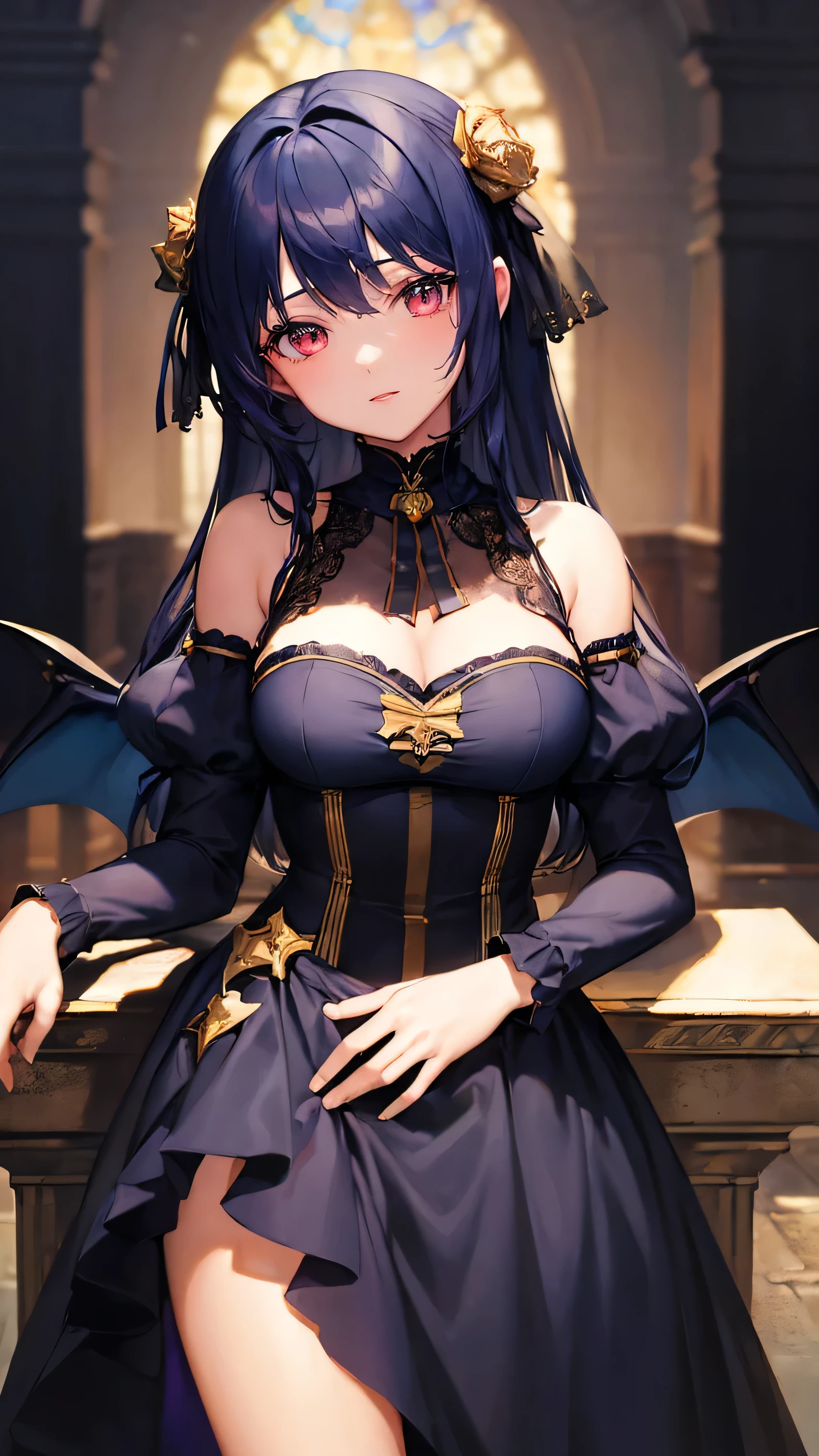 (masterpiece:1.4), (highest quality:1.4), Very detailed, Complex, Super detailed, figure,Soft lighting, Scenic, One girl, Disgust, Navy Blue Hair, colorful, Colorized, from_On top of that ,vampire_Costumes , Runway