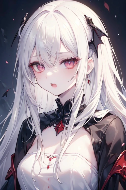 (Uhd, Masterpiece, Textured Skin, Super Detail, High Details, High Quality, Best Quality), 1Girl, Pale skin, deep red eyes, ((tattered clothes, frayed clothes)), (white clothes), long white hair, pale hair, (Vampire Queen), (Look talking to you)

[Face Prompt:(masterpiece:1.2), best quality, (Extremely detailed eyes:1.4), (highly detailed eyes:1.6), highly detailed eyes, (Calm look, Talking to you look:1.5), (Red eyes), Look talking to you]

[Mouth Prompt: (Open mouth), cute fangs, open mouth