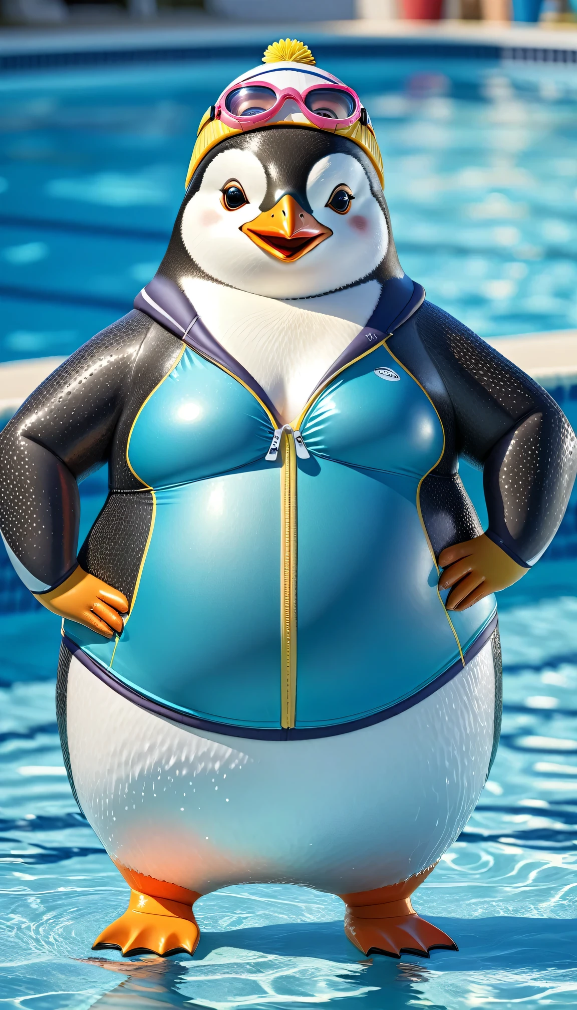 photorealistic portrait of Dressed animals - a ((fat)) penguin swimmer,(hands on hips:1.5),(happy smile),(furry), high quality,(lovely) ,intricate details, highly detailed (Competitive swimsuit), swimming cap and goggles, pool background, (happy), perfect lighting,(full body image:2.0)