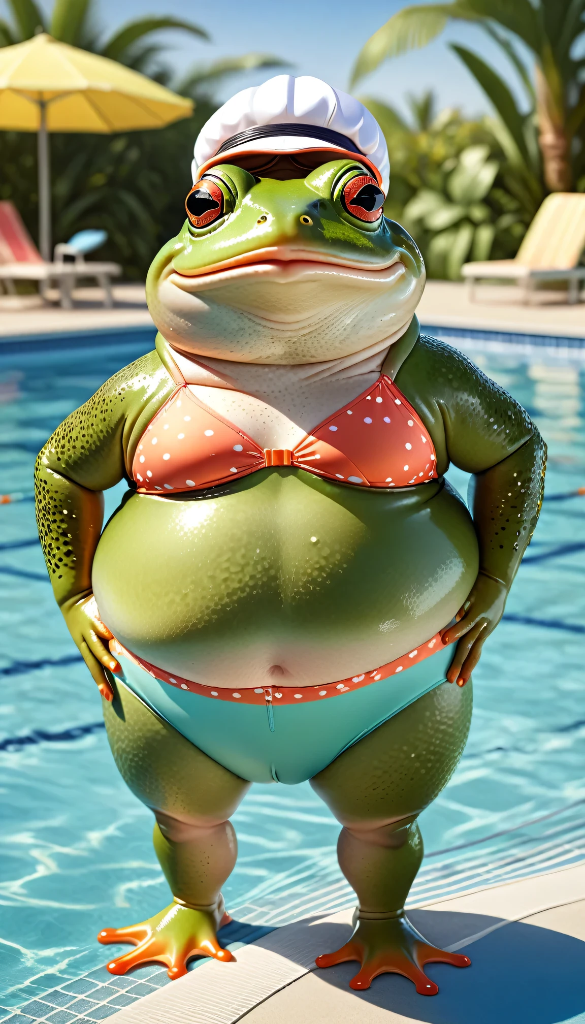 photorealistic portrait of Dressed animals - a ((fat)) frog swimmer,(hands on hips:1.5),(happy smile),(furry), high quality,(lovely) ,intricate details, highly detailed (Competitive swimsuit), swimming cap and goggles, pool background, (happy), perfect lighting,(full body image:2.0)