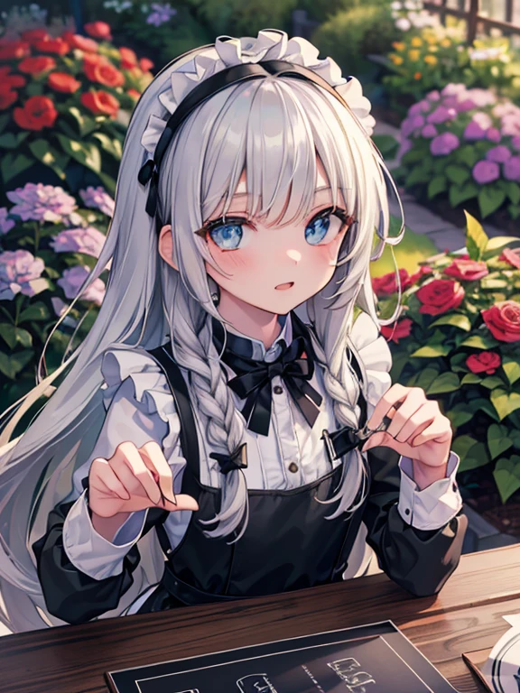 (8k, highest quality, Tabletop:1.2)、Ultra-high resolution, Detailed face, Perfect Fingers, -yeld gi blue eyes, Silver Hair, Long Hair, Braid, Black maid outfit, Headband, White apron, Dreamscape, garden, flower bed, Pruning in progress