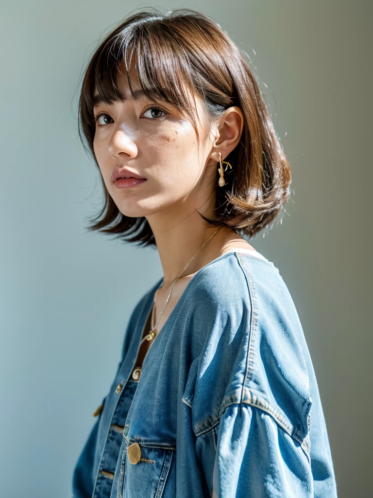 highest quality:1.3、masterpiece、High resolution、［1 girl］、｛alone｝、RAW Photos、Real person、Photo of an attractive woman with loosely tied brown hair, Posing in the room, boredom, mascara, ,(Rough skin, Skin pores:1.1), (Mole:0.8), (Imperfect skin:1.1) Intricate details, It gives me goosebumps, Perfect Face, (freckles:0.9), ((Realistic):1.1), (immature, 8k:1.2), cloudy, Calm colors,、Fine skin、Japanese、Thin bangs、Beaver、whole body、Denim jacket、White t-shirt underneath、Capture the light、Earrings、necklace、White wall、Upper Body、((profile))、landscape、Looking into the camera、Perm Hair、Medium Hair、Catch the wind