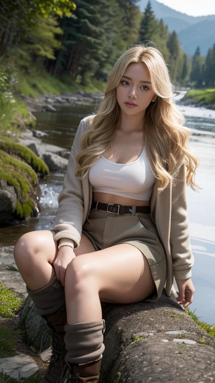 Highest quality,26 years old,woman,Long Hair,Light blonde hair color,Soft wavy hairstyle,(volumie hair),with big eyes、Deep blue,Bright、Has a lively expression,Healthy and bright skin tone,Thick lips,flom below,whole body,The thighs are a little thicker,Looking at the camera,Cinema Lighting,Bust size J cup,Completely naked,Cinema Lighting,Looking provocatively at the camera,Thick thighs,
In a vast, untamed wilderness, a group of young explorers stands at the edge of a dense forest, under a sky painted with the warm hues of a setting sun. The scene captures the raw beauty of nature with towering trees, rugged mountains in the distance, and a crystal-clear river flowing nearby. At the forefront is Elena, a woman in her mid-twenties with long, flowing blonde hair tied back in a practical braid. Her deep blue eyes are filled with determination as she surveys the challenging terrain. She is dressed in practical outdoor gear: a sturdy jacket, cargo pants, and hiking boots. Beside her, the other explorers prepare their gear, while Elena holds a map and compass, leading the way. The scene exudes a sense of adventure and camaraderie, as the group readies themselves to face the challenges of the wild, with Elena's confident and spirited presence at the helm.