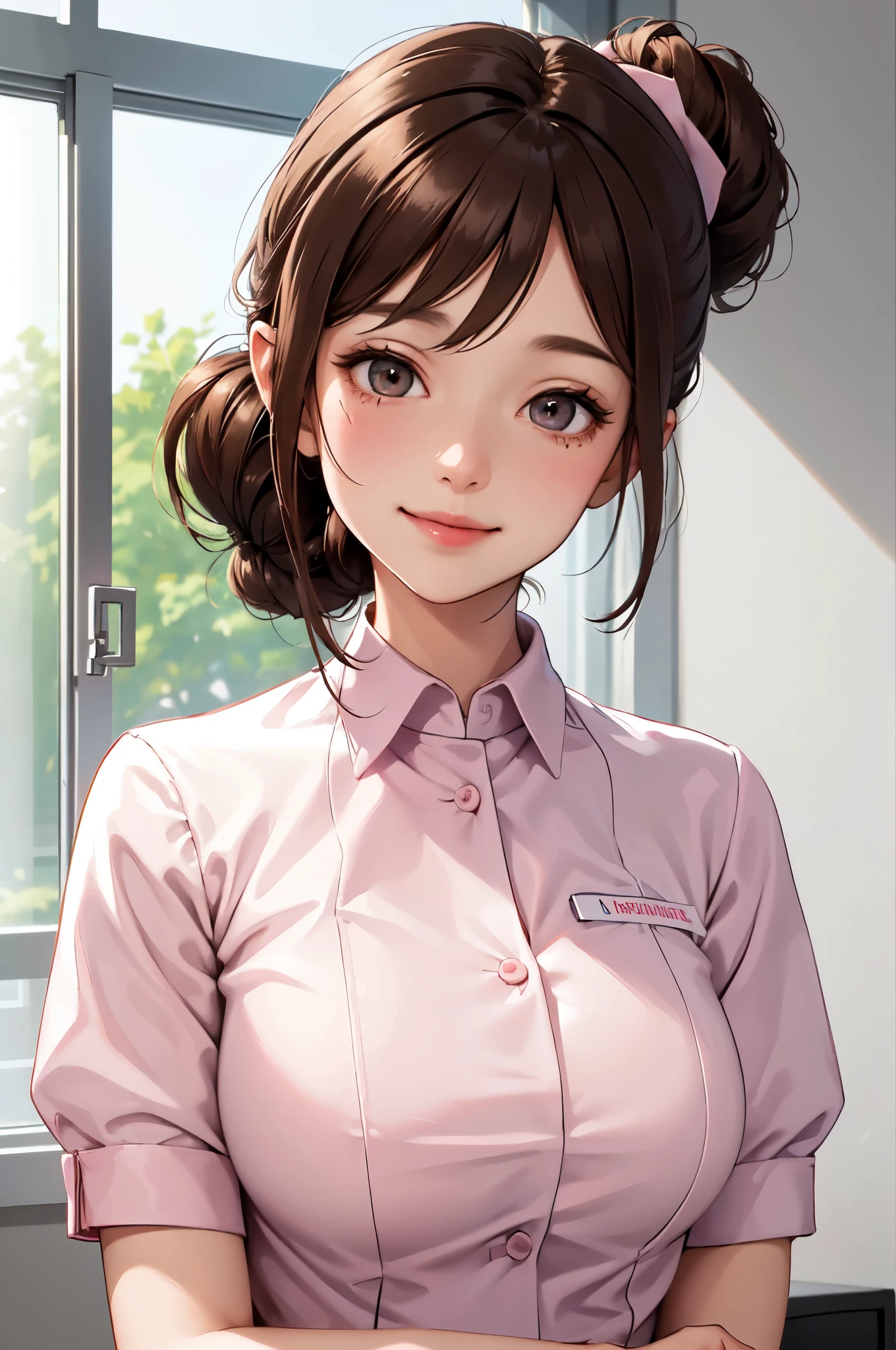 1lady solo, nurse, /(nurse uniform/), /(brown hair/) hair up, blush kind smile, (masterpiece best quality:1.3) delicate illustration ultra-detailed, large breasts BREAK /(hospital indoors/) window