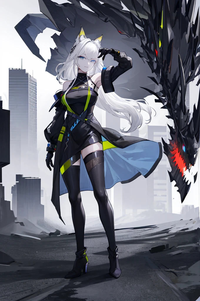 (absurdres, highres, ultra detailed), 1woman, mature female, aged up, wavy long hair, white hair, blue eyes, bangs, bare shoulders, long sleeves, detailed eyes, detailed hands, extremely detailed, black gloves, high heel boots, looking at viewer, solo, full body shot, detailed background, detailed face, cyber theme, techwear, wearable device, head-up display, dark sinister atmosphere, wind swirling, city background, future tech, sexy facial expression (Smile with eyes),
