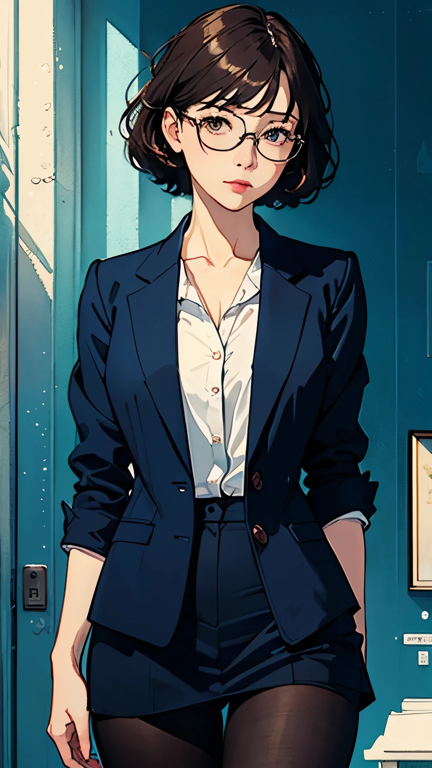 (highest quality、masterpiece)、(Concept Art)、(Avatar)、(icon)、((One Woman))、((alone))、((whole body))、office lady,suit,pantyhose,short hair, Messy Hair, Semi-rimless eyewear,(looking at the camera)、 (from the front)、 (Soft Light)、(Soft Shading)、 (pastel colour)、(ink)、(Sketch Style)、(Bright)、(Sargent-style watercolor)、(Edmund Leighton Style)、((White Background))、((Blank background))、