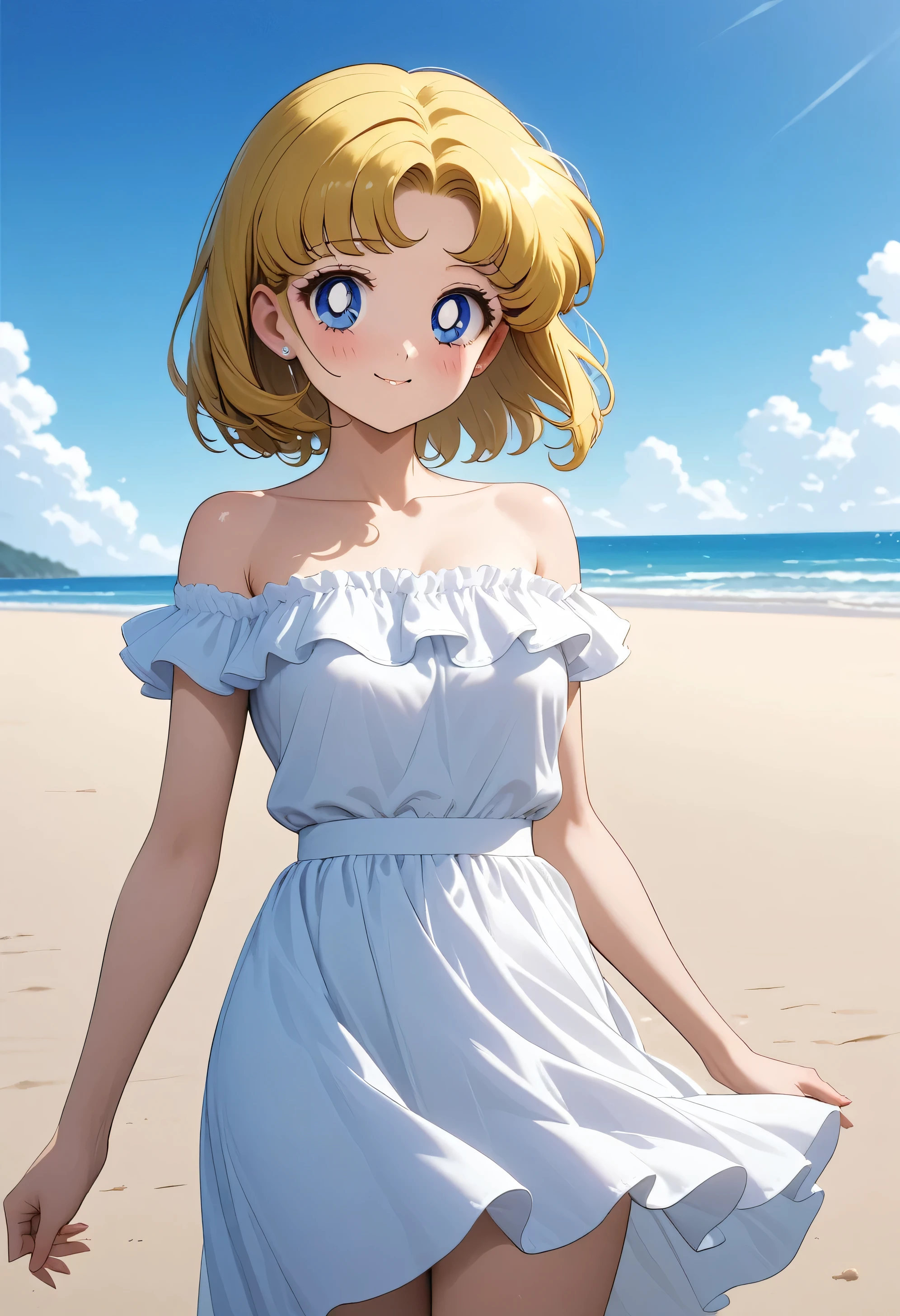 (masterpiece, best quality, very aesthetic, ultra detailed), intricate details, 4k, aausagi, 1 girl, solo, Best quality, masterpiece, High Definition, r, Blue Eyes, Beautiful Detail Eyes, Blonde Hair, Short Bob Hair, Good hands at sides, Smile, Blushing, Bare Neck, Bare Arms, Bare Shoulders, short sleeve, Strapless, White Ruffle Off-the-Shoulder Top, White Off-the-shoulder Dress, White maxi dress, walking on the beach, Background, blue skies, cowboy shot