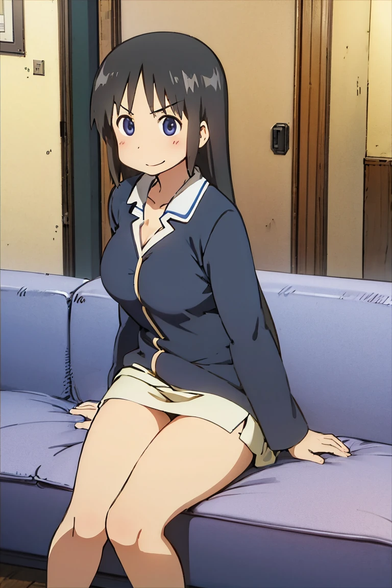 Kyoto animation, female, long hair, black hair, dark blue eye, cute face, thick eyebrows, big breast, sexy butt, slim body, atletic, sexy thigs, bra, underpants, living room, sit on the couch, sweet smile, 18 years old, breast cleavage