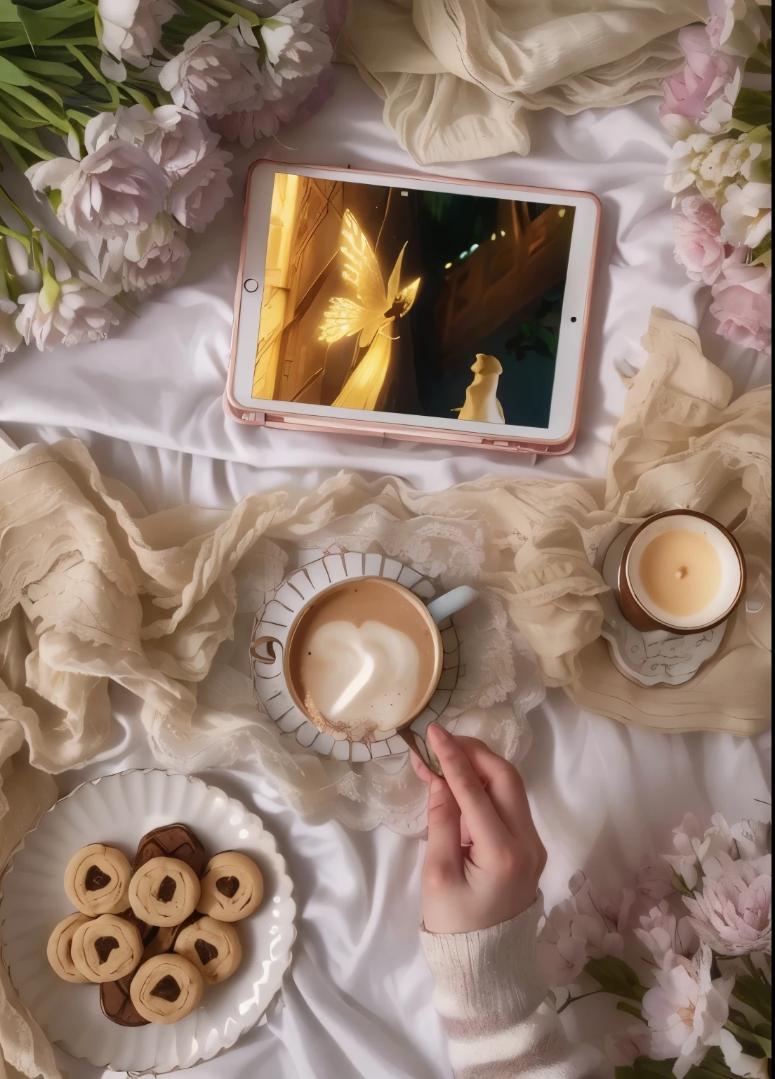 someone is holding a cup of coffee and a tablet on a table, using a magic tablet, lofi girl aesthetic, an ethereal image, lofi aesthetic, cozy aesthetic, flatlay, story telling aesthetic, captura de tela do filme, a cena mais linda, fairy aesthetics, beautiful aesthetic, dreamy aesthetic, cena encantada aconchegante, postura plana, furnished with fairy furniture
