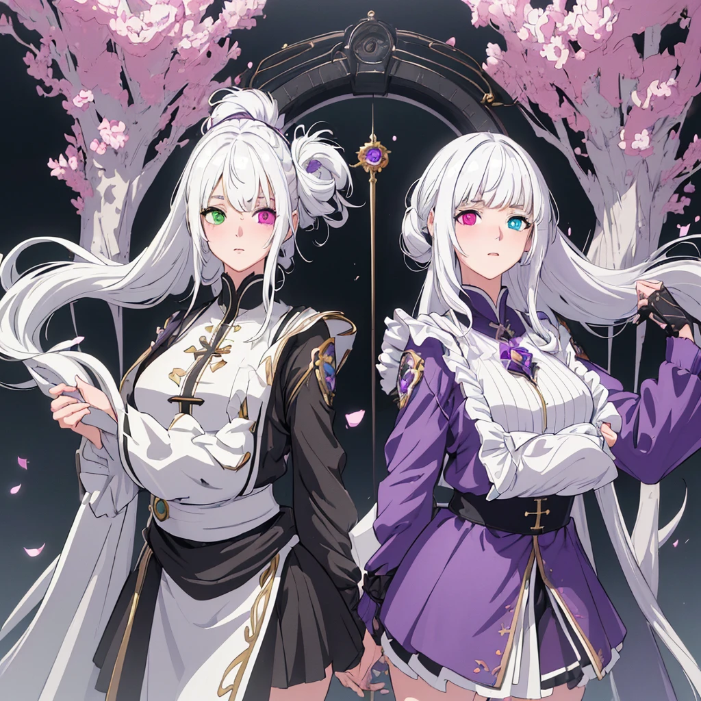 (masterpiece:1.3),(best quality:1.2),8k,absurdres,unity 8k wallpapper,(extremely detailed:1.3),highestres,
2girls, ,heterochromia, white hair, black hair, split theme,Two worlds in the center of the screen、On the left is the world of women|yinji|Purple、Men's World Right|Short milky white hair and blue eyes|Whitish、