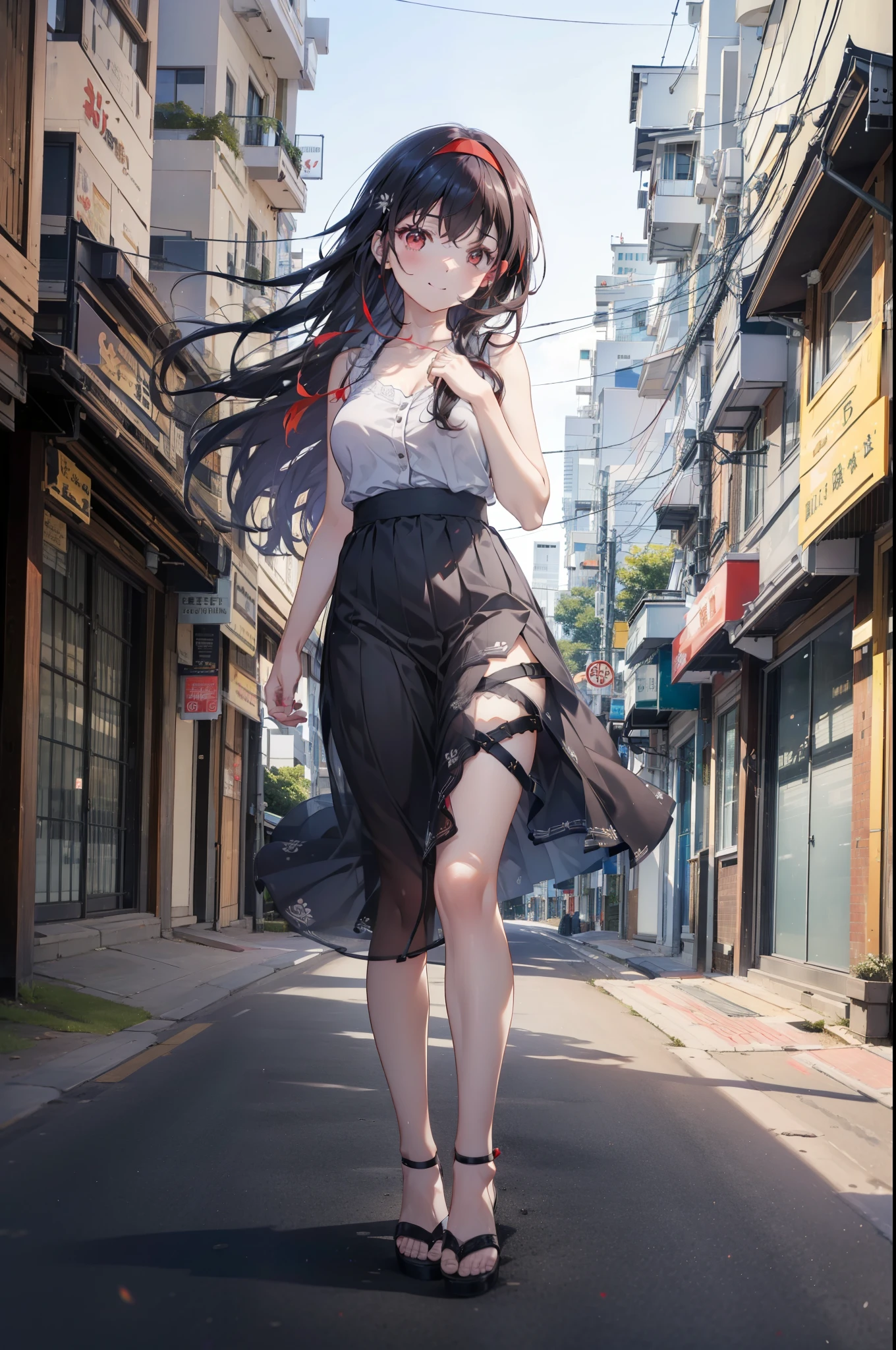 For profit, utaha kasumigaoka, Black Hair, hair band, Long Hair, (Red eyes:1.5),happy smile, smile, Open your mouth, Black sleeveless dress,Bare arms,Long skirt,Cute Sandals,whole bodyがイラストに入るように,Daytime,Clear skies,
break looking at viewer,whole body,
break outdoors, In town,Building district,Coastal Road,
break (masterpiece:1.2), highest quality, High resolution, unity 8k wallpaper, (figure:0.8), (Beautiful fine details:1.6), Highly detailed face, Perfect lighting, Highly detailed CG, (Perfect hands, Perfect Anatomy),