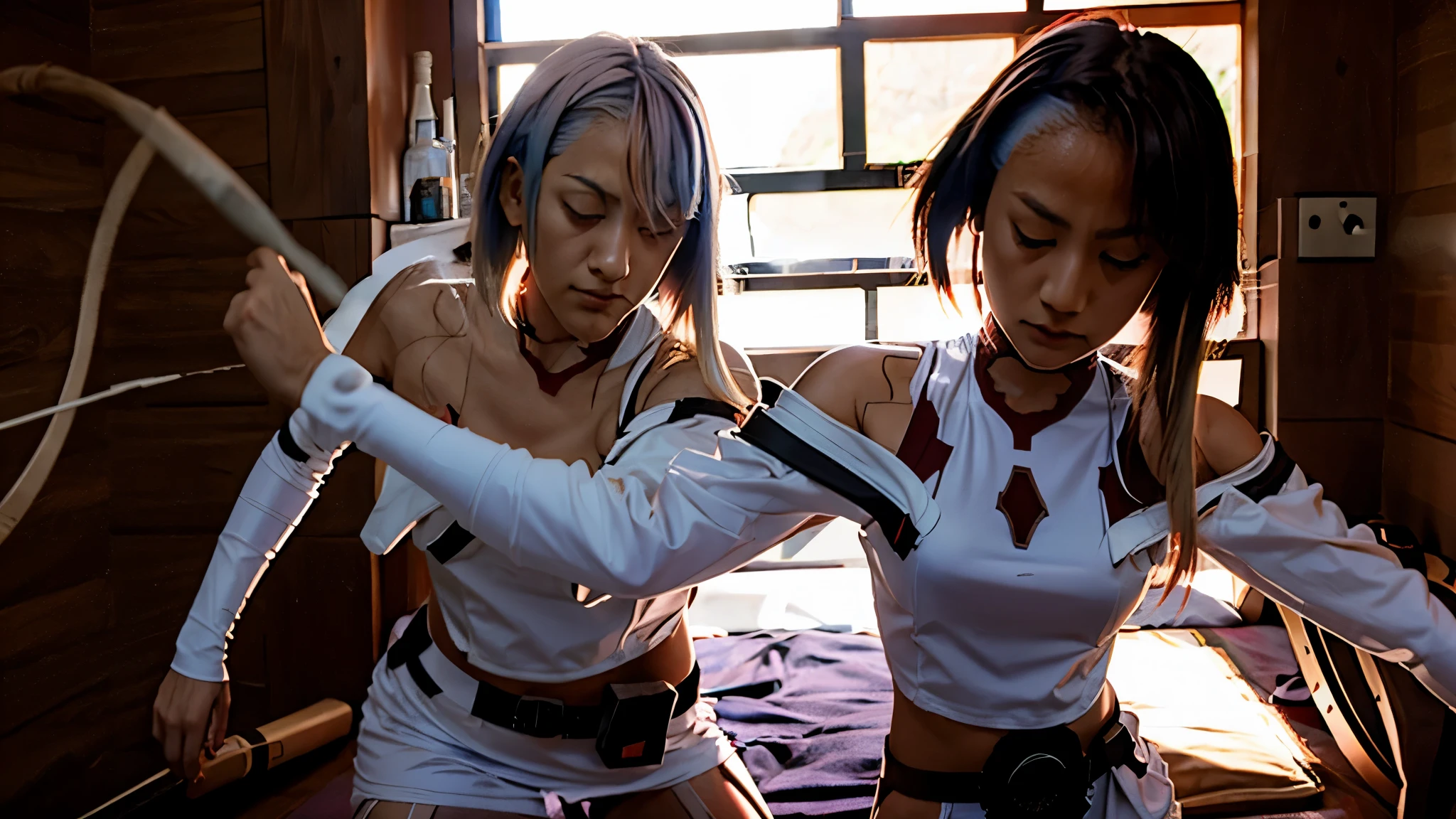 Chica morena samurai con cabello blanco y ojos amarillos luchando a muerte con un gato blanco