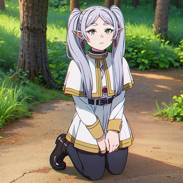 A woman in a dress kneeling on the ground, Long Hair, blush, bangs, Long sleeve, Twin tails, Green Eyes, teeth, flower, Gray Hair, pantyhose, Earrings, boots, Outdoor, Lips parted, Day, Pointed Ears, belt, White Dress, wood, black pantyhose, Capelet, Brown footwear, knee boots, grteeth, Fairy, nature, forest, white Capelet,Her skirt is flipped up,NSFW.