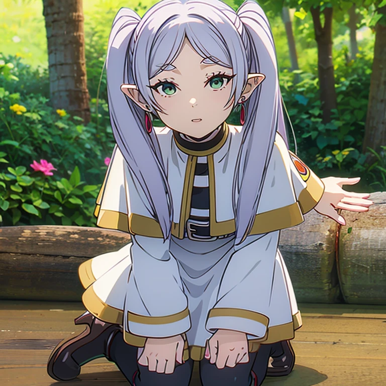 A woman in a dress kneeling on the ground, Long Hair, blush, bangs, Long sleeve, Twin tails, Green Eyes, teeth, flower, Gray Hair, pantyhose, Earrings, boots, Outdoor, Lips parted, Day, Pointed Ears, belt, White Dress, wood, black pantyhose, Capelet, Brown footwear, knee boots, grteeth, Fairy, nature, forest, white Capelet,Her skirt is flipped up,NSFW.