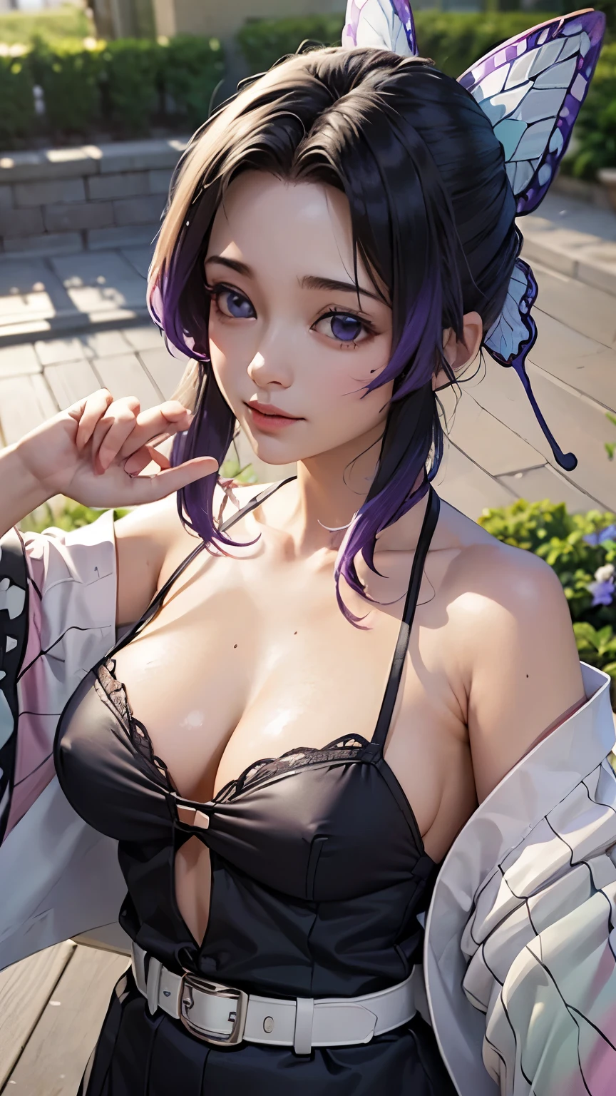 Ultra-realistic 8K CG,masterpiece,((Highly detailed background, Delicate pattern, Intricate details)),highest quality,very detailed face,Very beautiful eyes and face,Very beautiful eyes,Kocho Shinobu,Colorful Hair,No bangs,Hair intake,Purple eyes,amount,Black Shirt,Black trousers,Haori,butterfly,button,belt,(garden:1.2),Purple Flower,a bit,cloudy null,sunlight,Tyndall effect,slope_null,face,Gorgeous null,West Saber,Attractive posture,