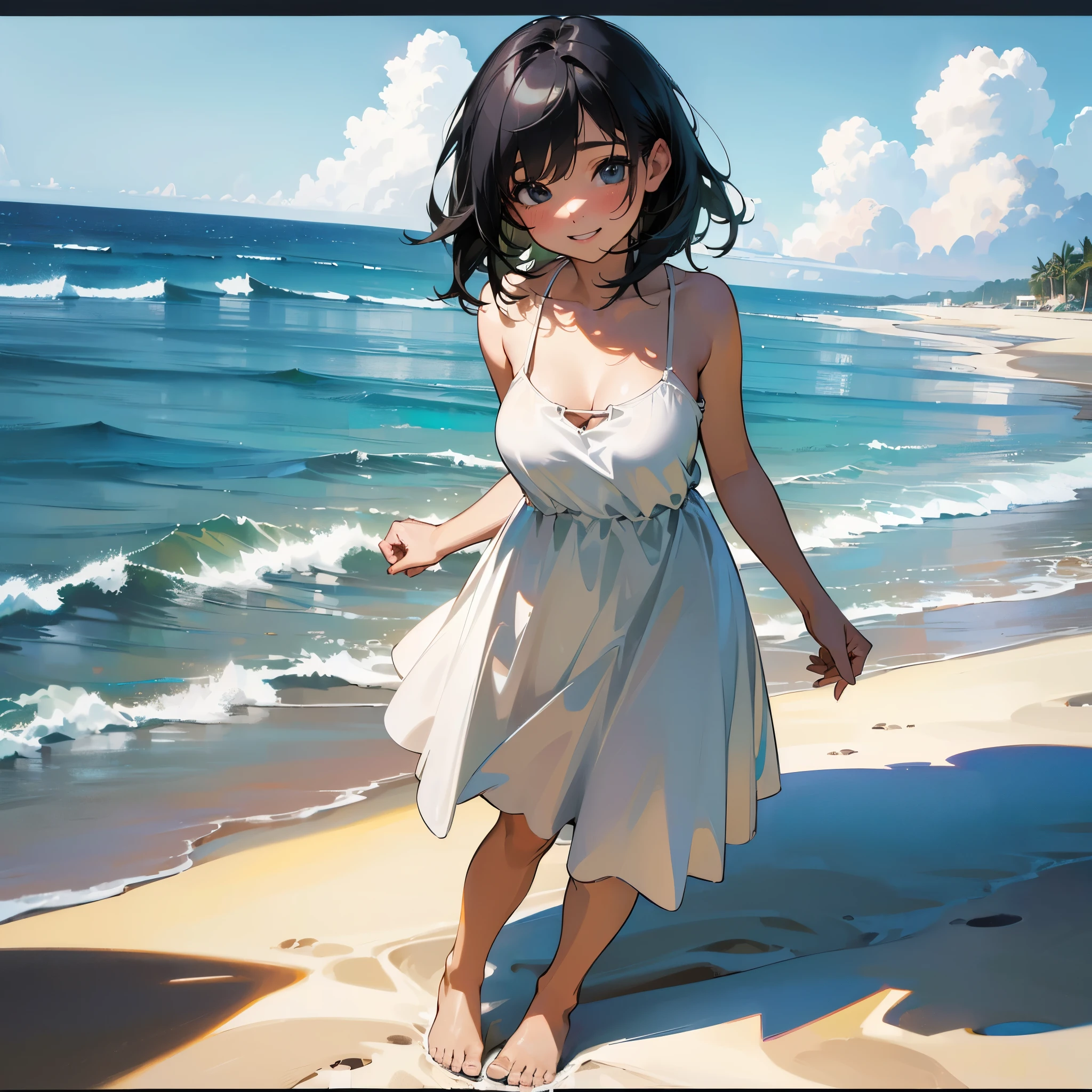 (high quality, High resolution, Very detailed, reality:1.37), Peaceful atmosphere, (Outdoor, Sandy Beach ,Ocean),  girl standing alone, (my breasts are big.), Beautiful details, Cute Smile, ((Black bob hair)), White camisole dress, barefoot.