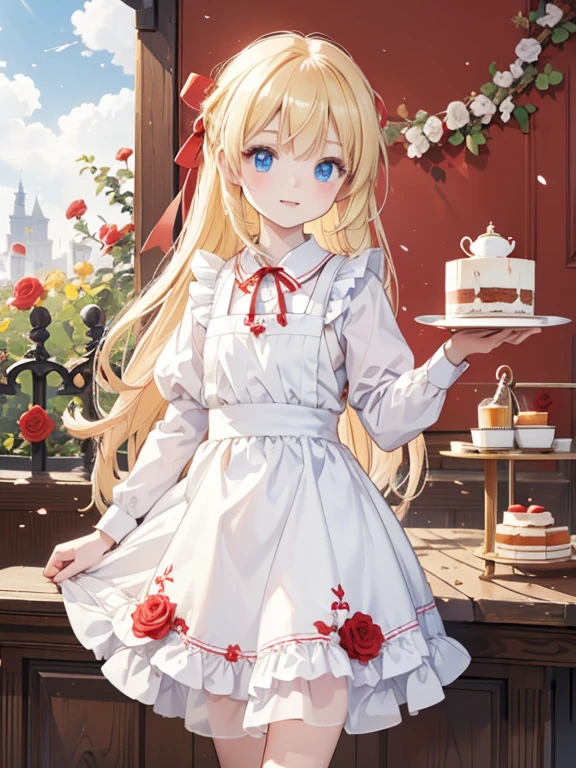 (8k, highest quality, Tabletop:1.2)、Ultra-high resolution、One ****************, Detailed face、blue eyes, blonde, Red ribbon on head, Red dress, White apron, blue sky, garden, Red Rose, table cloth, Set of cake and tea on the table, Standing by the table