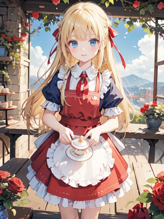 (8k, highest quality, Tabletop:1.2)、Ultra-high resolution、One -yeld gi Detailed face、blue eyes, blonde, Red ribbon on head, Red dress, White apron, blue sky, garden, Red Rose, table cloth, Set of cake and tea on the table, Standing by the table