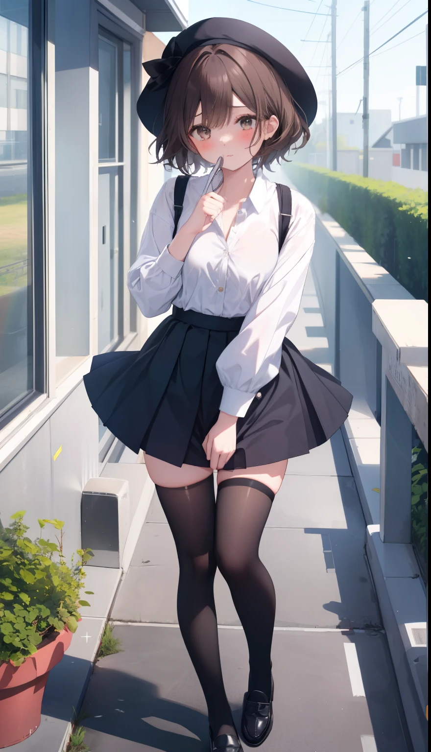 One Girl、Positive、From above、Full body portrait、Brown haired、Medium Haircut、blush、Absolute area、Knee socks、stockings、Black knee-high socks、White underwear、Cleavage、Light blue cut shirt、Unbutton your shirt、Shirt buttons fly off、Navy blue checkered pleated skirt、Very short skirt、garden、Daytime、（Very big boobs）、((Full Body Lesbian))、masterpiece、（highest quality)、Panties around the ankles、loafers、The wind blows up my skirt、vibrator in thighhighs