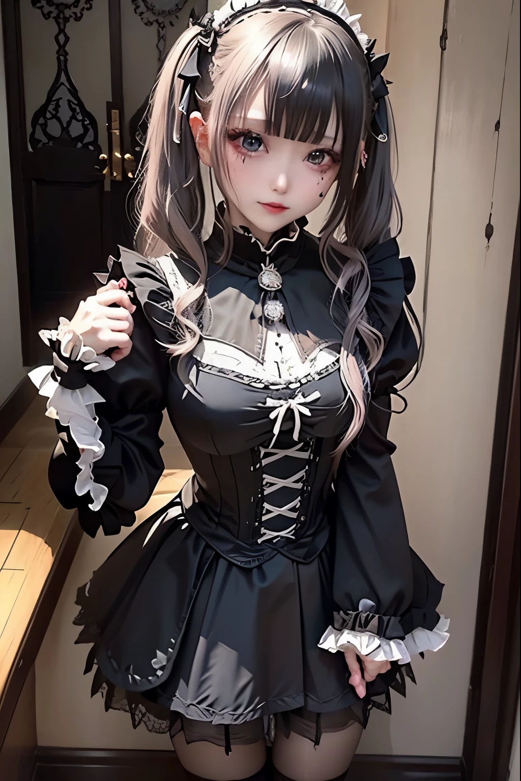 ハードDark Gothicメイク、Deep Night Sky、Horror、Black dark eyeshadow、cry、sad、Good skin radiance、Dark Gothicメイク、Dark smile、palace、The beauty of fragrance、24-years-old、Expressions of intense sexual pleasure、Embarrassed look、Dark Gothic、Obscene language、highest quality、Expression of sexual pleasure amid suffering、Drunk face、紫のMaid clothes、Mysterious、Noble、The face of someone who is holding in the toilet、sexy、Loving smile、Twin tail hair、Right blue eye, Left eye is red、Super seductive pose、Platform Heel Shoes、Heavy makeup、Gothic Lolita Clothing、A little slimmer、Silver Hair、Long Hair Straight Hair、Cute Gothic Lolita Dress、Beautiful Face、elegant features、Fascinating face、Stained glassが背景、Chest glistening with sweat、The room is dark、goth long dress、Bell Sleeves、Wizard Sleeve、Decadent look、Sexually excited expression、Glossy thighs wet with water、Thighs that are wet and shiny with oil、Background of a room full of roses、sad表情、Rose Maiden、The embroidery is pink、The dress has pink embroidery、Thigh-high socks、Knee-high socks、Gentle expression、Dark black eyeshadow、despicable act、Stained glassと薔薇背景、thighs are a little thin、Female Duo、Female couple、dark church background、Stained glass、Black metal world、Dark Castle、Dark Room、Slender body、upright、walk、Are standing、gothic long dresaid clothes、Victorian dresses、Her thighs glisten with sweat、My body is wet and shiny、Lots of glitter on the thighs、sweating、My thighs are sticky from sweating、Sweat glistens on the thighs, The whole body is sweaty and shiny、Quite sweaty、My thighs are sweaty、My thighs are so wet、My thighs are shining with sweat、A lot of sweat glistens all over the body、The thighs are the best、Thighs are glamorous、Small breasts、Playing guitar、Singing while playing the guitar、les paul guitar、Holding a guitar、Playing in a band、Are standing、太ももがsexy、