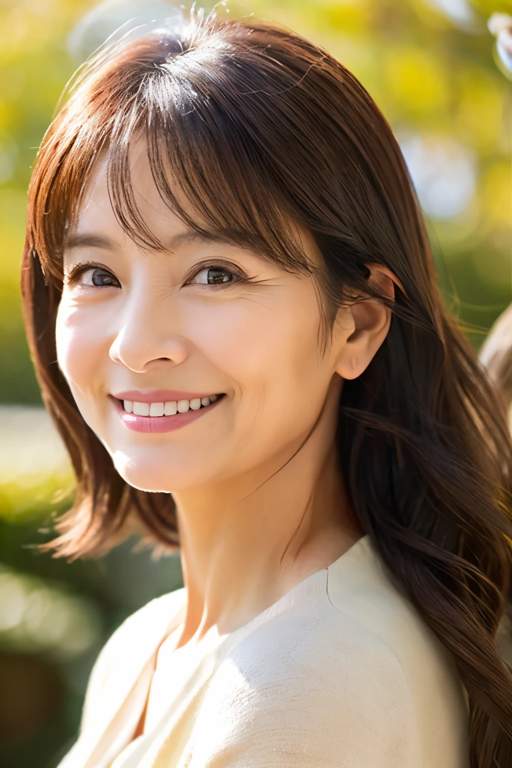 57 years old、smile、beautiful、Elegant adult attire、Shining eyes、stare、