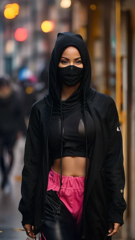 {(Faith Evans legging preto de couro, pink fleece hooded sweatshirt, sensual)perfect symmetrical body, cintura fina, coxas musculosas}.