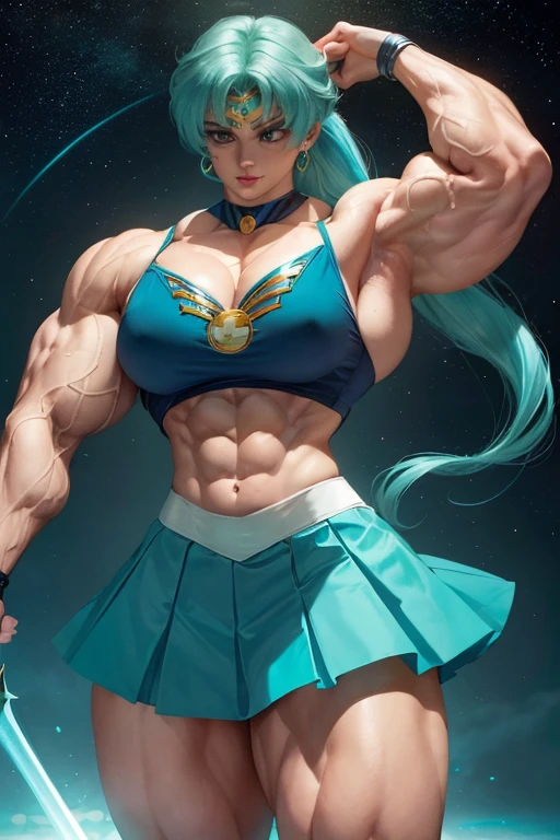 ((((Massive, tall, beautiful, buff, pale light skinned muscular woman with cyan hair, ginormous bulky muscles and wearing a cyan sailor moon costume and skirt)))), (close view), massive muscles, massive biceps, hyper muscle triceps, pale skin, (long beachy hair), purple eyes, black lipstick, cyan tiara, purple boots, holding a rapier sword, cyan fire, in space, green aura, Big Bang, night time, smirk, hyper muscles arms, hyper muscle legs, ((massive arms)).