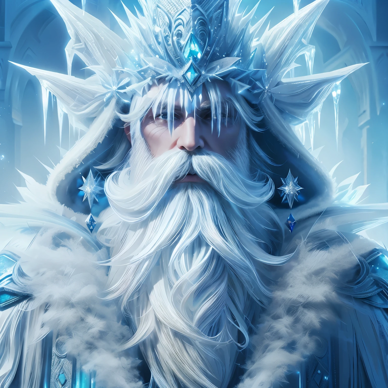 Ice wizard, beard made of ice, fantasy, extravagant robes, digital art