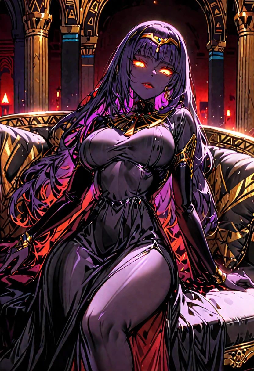 solo, female, medium shot, sfw, very dark purple skin, very dark skin, dark skin, shimmering skin, large breasts, flowing black dress, clingy dress, heart-shaped face, glowing eyes, bright orange eyes, pouty lips, dark crimson lips, couch, palace, egyptian, black sclera, seductive smile, dark aura:0.6, red drapes, lying down, modest dress