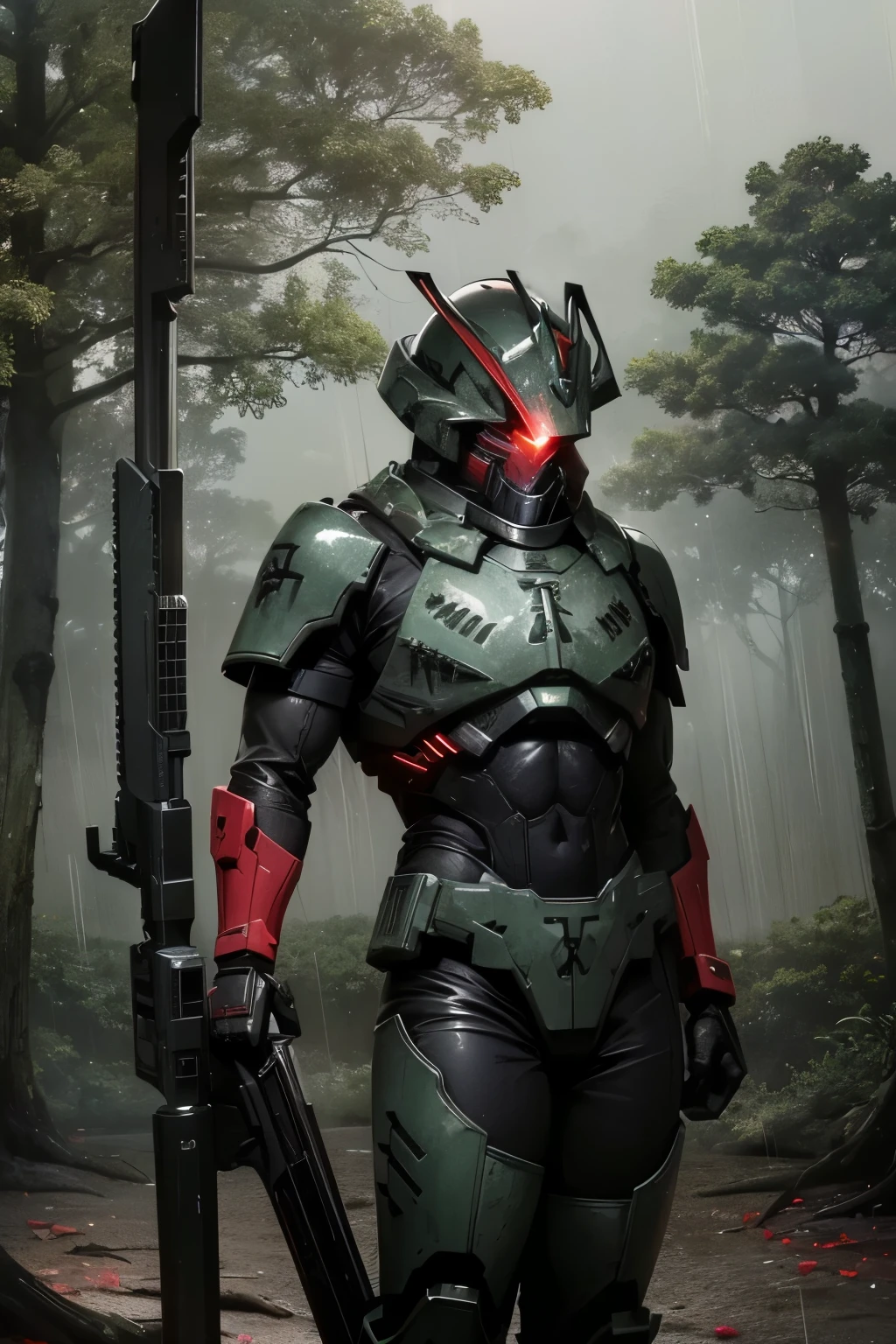 Photo of , ((Vindicare:1.2)), ((alone:1.3)), mask, red glowing visor, Fully covered face, Black Bodysuit, weapon over shoulder, sniper rifle, standing on top of tree, Standing next to a large tree, Lush forest, jungle, rain forest, The atmosphere is gloomy., night time,
