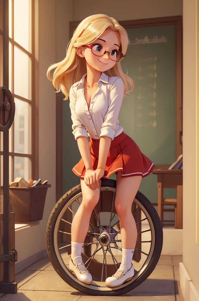 (Small breasts:1.3),(masterpiece, best quality:1.4), (beautiful, Aesthetic, perfect, Beautifully, Wheels within wheels:1.2),((best quality)), ((masterpiece)), (detailed),(high resolution:1.2), classroom, An adult female, Smiling Claudia Cheffer, red shirt, White Skirt, Glasses, bend over, Perspective,