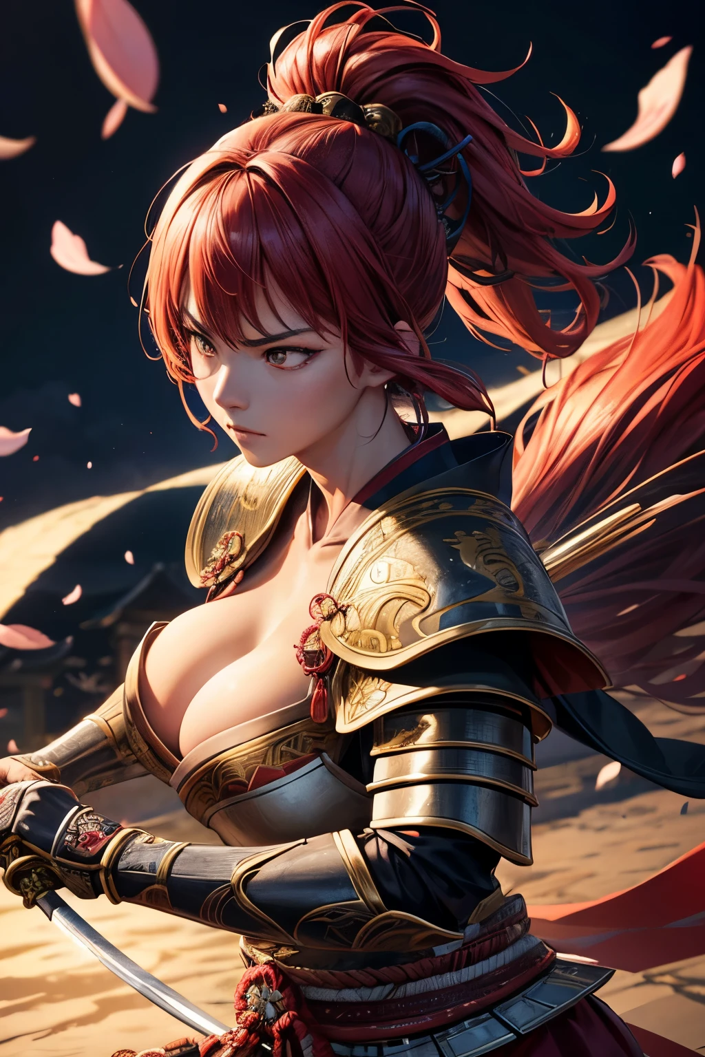 best quality,4k,8k,highres,masterpiece:1.2,ultra-detailed,realistic,photorealistic:1.37 Japanese woman warrior neckline, big breasts, detailed armor, samurai sword, katana, traditional kimono, fierce expression, intense gaze, powerful stance, cherry blossom background, dynamic action, flowing hair, strong and confident posture, dramatic lighting, vibrant colors, traditional Japanese art style, warrior spirit, honor and courage, legendary figure, martial arts expertise, mythical creature, mystical aura, epic battle scene, iconic warrior pose, intricate details on armor, detailed facial features, determined eyes.