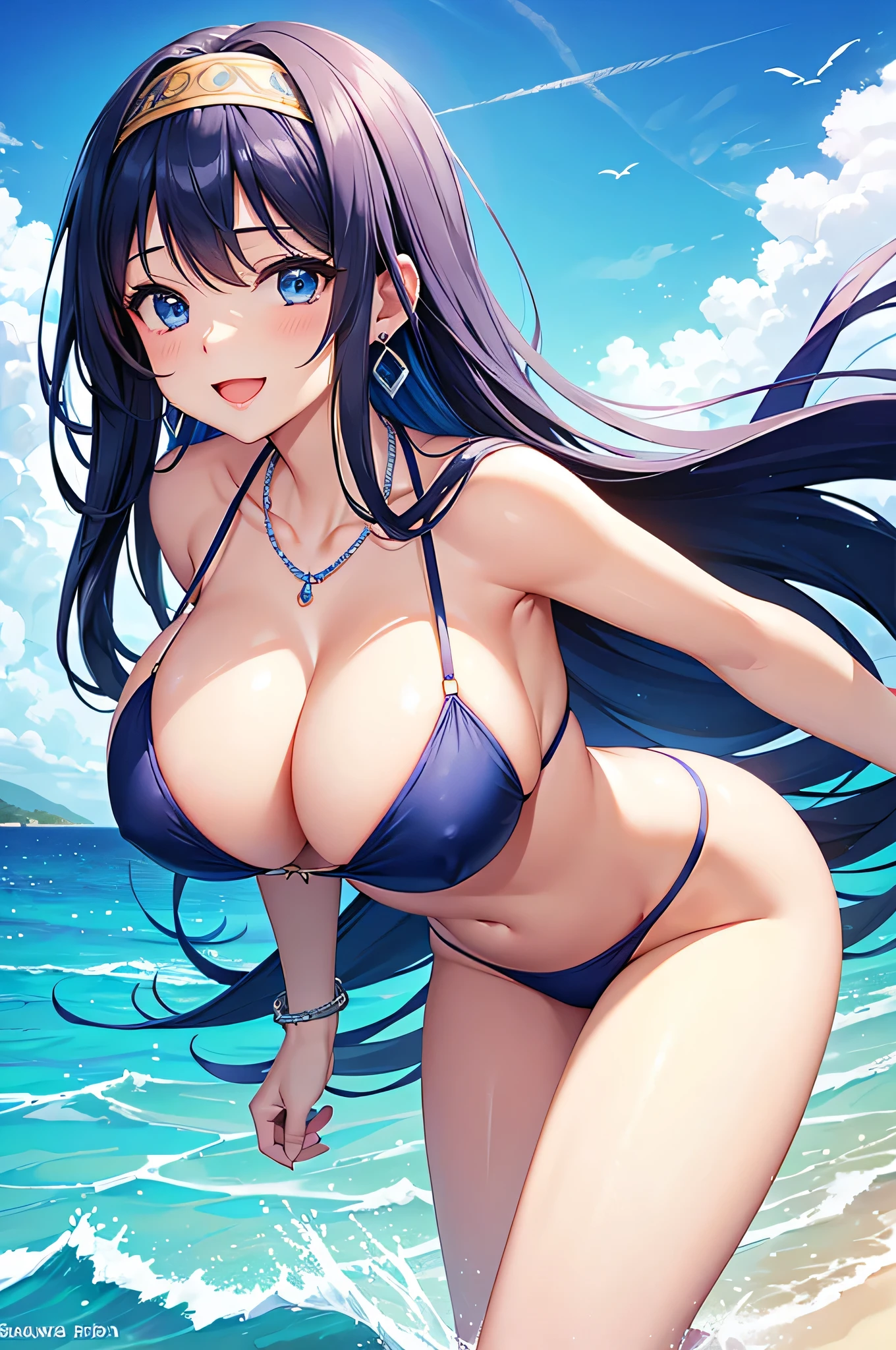 highest quality、Best image quality、masterpiece、beautiful girl、Navy blue long hair、blue eyes、Navy Blue Bikini、Big cleavage、(Big Breasts)、smile、blue necklace、Blue Earrings、background(Beach)、Sexy pose、Please open your mouth wide、White headband、Dynamic Angle、bracelet