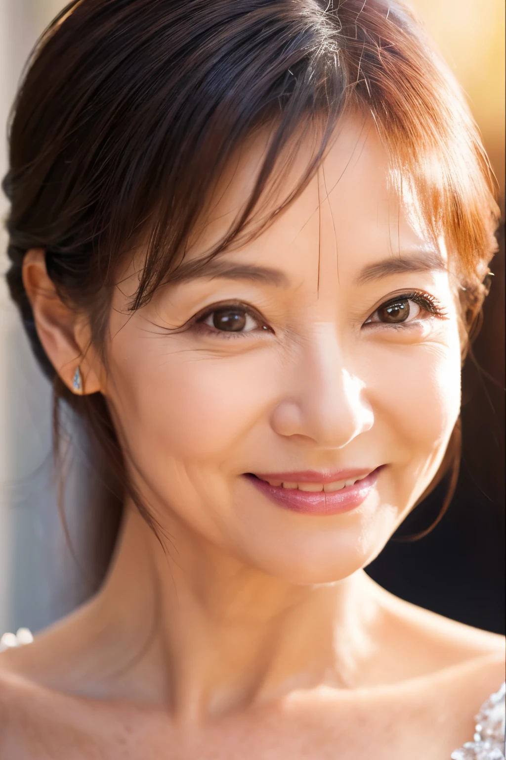 57 years old、smile、beautiful、Elegant adult attire、Shining eyes、stare、