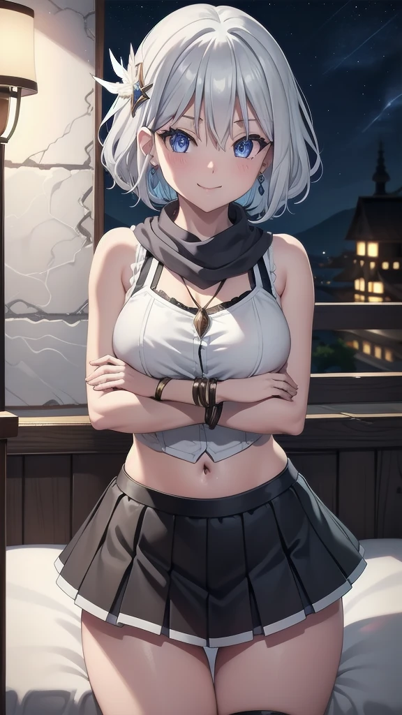 Kochou Shinobu, 1girl elf,masterpiece, white hair,sleeveless, blue eyes, black jacket,black skirt,uniform, white haori, , multiple butterflies, , laked sunset, lens flare, perfect lighting, highest quality, hands behind, thick thighs, large breasts, highest quality, high resolution.