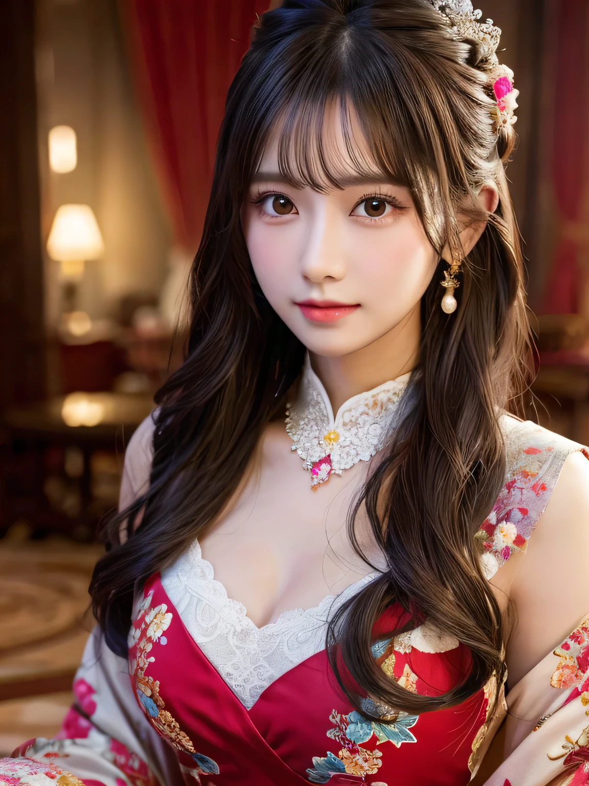 (Eyes on viewer 1.8),(Big Tits 1.8),(Gorgeous colorful dress 1.8),(Table Top 1.8),masterpiece,Highest Resolution,Dynamic bust of a beautiful Chinese woman,Delicate black bun,Wavy long hair,Black clear eyes,Her hair is covered with beautiful and delicate floral detailing., crystal jewelry filigree,Ultra-detailed details,beauty effect,Soft Lighting。