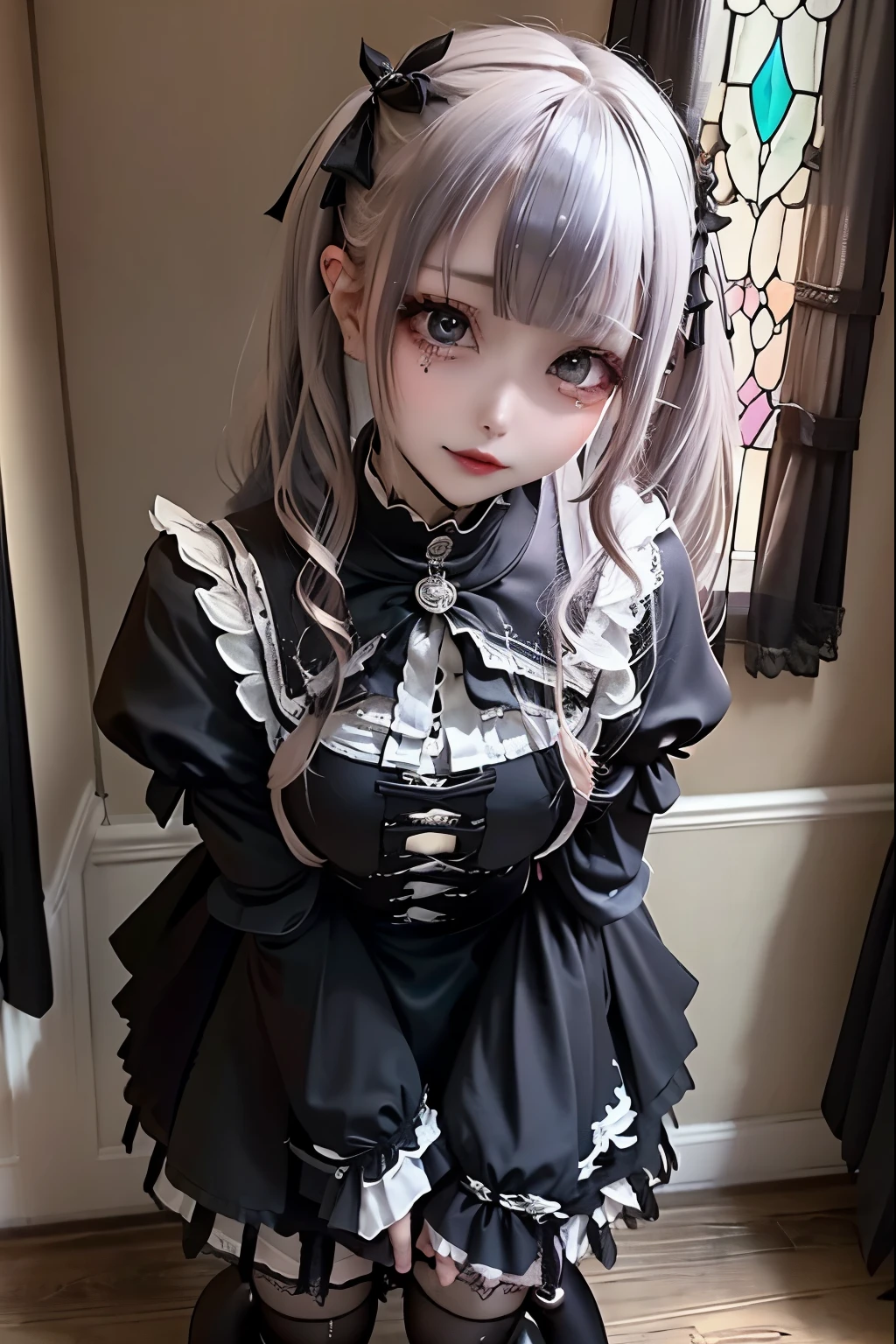 ハードDark Gothicメイク、Deep Night Sky、Horror、Black dark eyeshadow、cry、sad、Good skin radiance、Dark Gothicメイク、Dark smile、palace、The beauty of fragrance、24-years-old、Expressions of intense sexual pleasure、Embarrassed look、Dark Gothic、Obscene language、highest quality、Expression of sexual pleasure amid suffering、Drunk face、紫のMaid clothes、Mysterious、Noble、The face of someone who is holding in the toilet、sexy、Loving smile、Twin tail hair、Right blue eye, Left eye is red、Super seductive pose、Platform Heel Shoes、Heavy makeup、Gothic Lolita Clothing、A little slimmer、Silver Hair、Long Hair Straight Hair、Cute Gothic Lolita Dress、Beautiful Face、elegant features、Fascinating face、Stained glassが背景、Chest glistening with sweat、The room is dark、goth long dress、Bell Sleeves、Wizard Sleeve、Decadent look、Sexually excited expression、Glossy thighs wet with water、Thighs that are wet and shiny with oil、Background of a room full of roses、sad表情、Rose Maiden、The embroidery is pink、The dress has pink embroidery、Thigh-high socks、Knee-high socks、Gentle expression、Dark black eyeshadow、despicable act、Stained glassと薔薇背景、thighs are a little thin、Female Duo、Female couple、dark church background、Stained glass、Black metal world、Dark Castle、Dark Room、Slender body、upright、walk、Are standing、gothic long dresaid clothes、Victorian dresses、Her thighs glisten with sweat、My body is wet and shiny、Lots of glitter on the thighs、sweating、My thighs are sticky from sweating、Sweat glistens on the thighs, The whole body is sweaty and shiny、Quite sweaty、My thighs are sweaty、My thighs are so wet、My thighs are shining with sweat、A lot of sweat glistens all over the body、The thighs are the best、Thighs are glamorous、Small breasts、Playing guitar、Singing while playing the guitar、les paul guitar、Holding a guitar、Playing in a band、Are standing、太ももがsexy、