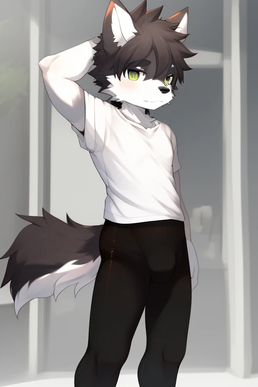 Furry wolf,((Shota)), black spandex tights, white shirt, solo, standing 