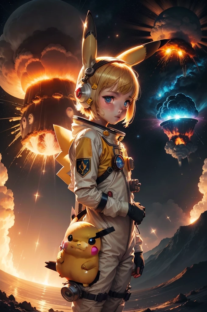 masterpiece,best quality, illustration, Pikachu in a space suit,Beautiful and delicate light,(war:1.2),(Behind the nuclear explosion:1.3),rain,Detailed lighting,detailedwater,(Beautiful and delicate eyes:1.1),Poker face,