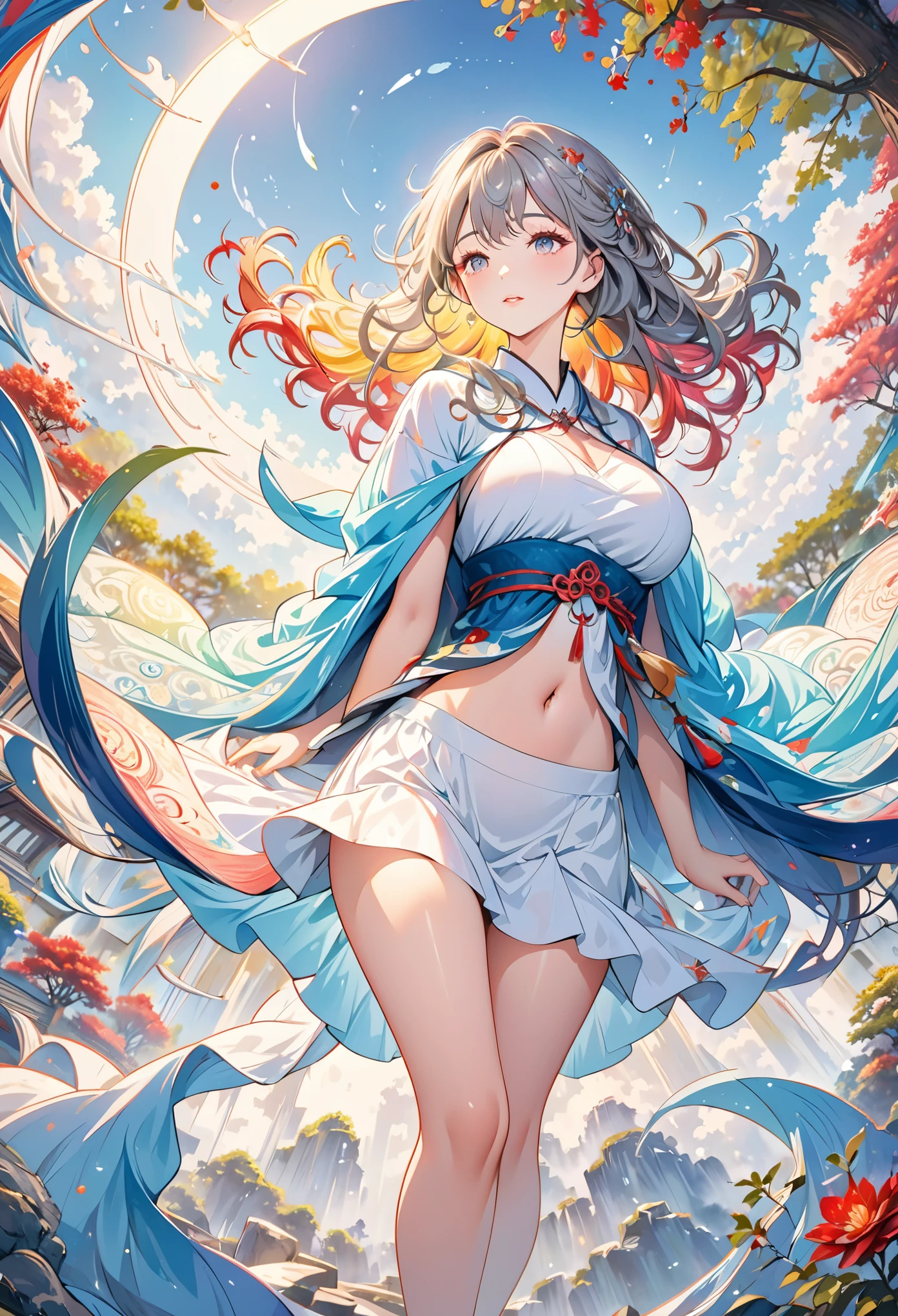 esoteric, 1girl,focus on face, golden_silver, hair spread out,wavy hair,(Gorgeous Cloak:1.2),Soft light,Huge breasts,depth of field (zentangle, mandala, tangle, entangle) (photorealistic:1.4), unity 8k wallpaper, ultra detailed, beautiful and aesthetic, masterpiece,best quality, (dynamic angle:1.4), glowing skin, (floating colorful sparkles:1) the most beautiful form of chaos, elegant, vivid colours, romanticism, navel, thigh gap,Flat and Zen Chinese Illustration style , 