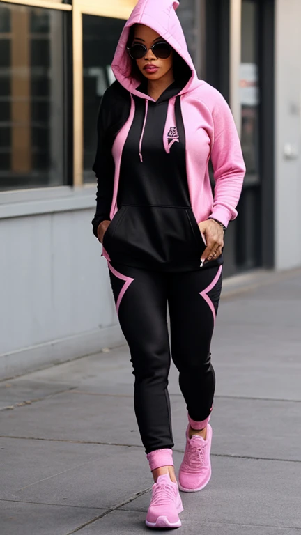 {(Faith Evans legging preto de couro, pink fleece hooded sweatshirt, sensual)perfect symmetrical body, cintura fina, coxas musculosas}.