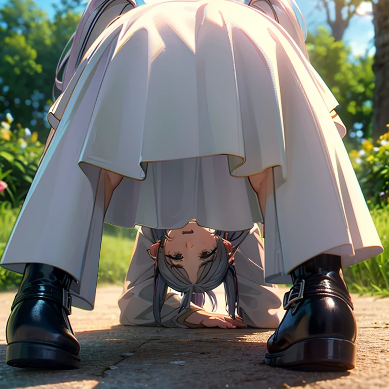 A woman in a dress kneeling on the ground, Long Hair, blush, bangs, Long sleeve, Twin tails, Green Eyes, teeth, flower, Gray Hair, pantyhose, Earrings, boots, Outdoor, Lips parted, Day, Pointy Ears, belt, White Dress, wood, black pantyhose, Capelet, Brown footwear, knee boots, grteeth, Fairy, nature, forest, white Capelet,((Her skirt is flipped up)),On all fours,Angle from the buttocks,Ass close up,Eyes meet,NSFW.