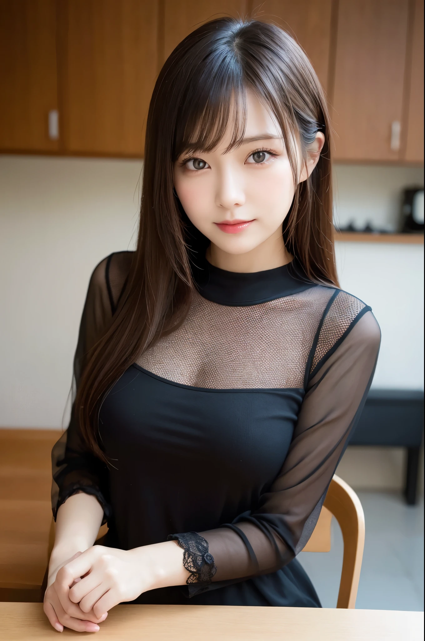 On the table、best quality、Photorealism、Finely、high resolution、８wallpaper、Perfect dynamic posture、Beautiful slender eyes and long hair、（Big breasts 1.3）、casual sexy pose、Random situations、Selfie Angle，Looking at the camera，（Tight round neck black mesh lace shirt）、、Gentle smile、50 years old、（Perfect Eyes 1.3）、Mature adult beauties、Japanese、