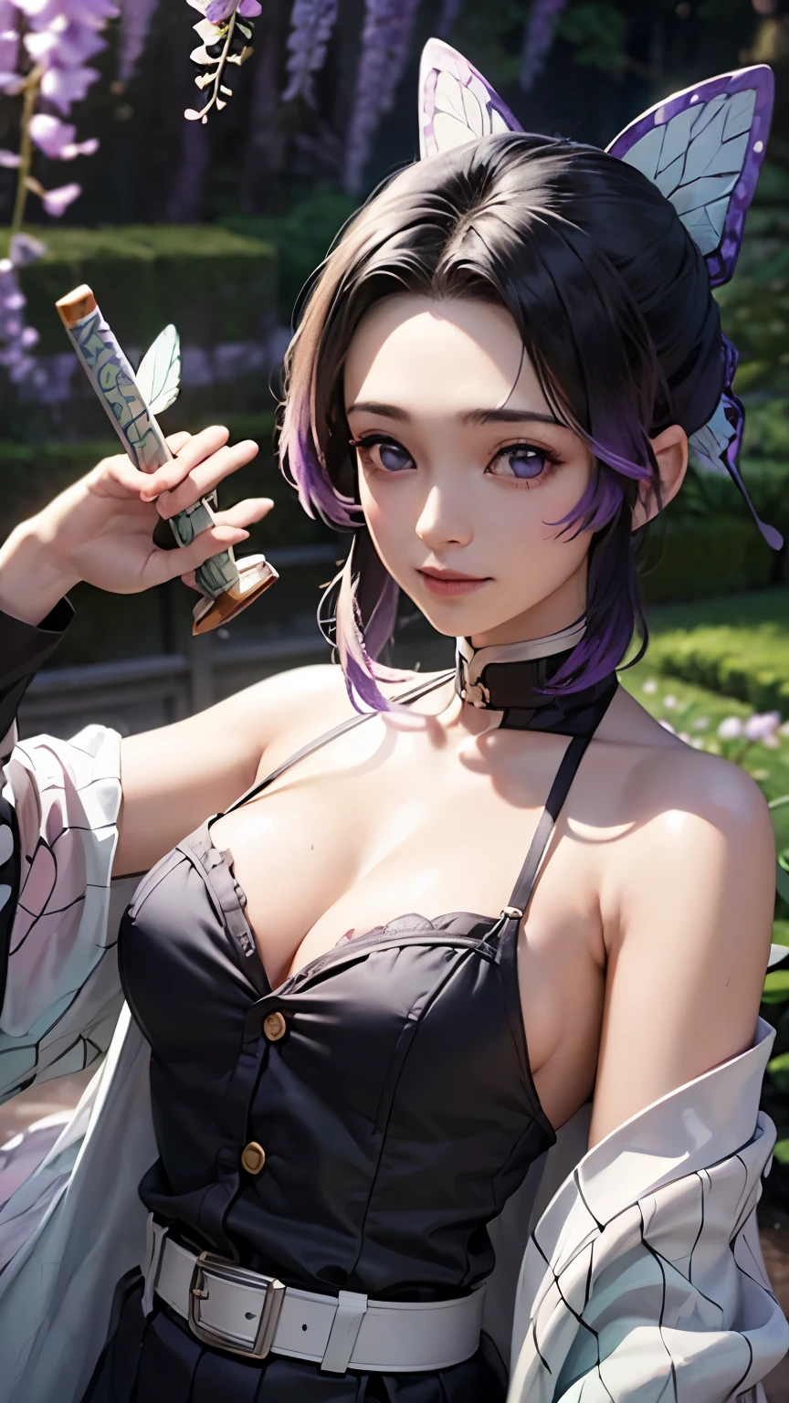 Ultra-realistic 8K CG,masterpiece,((Highly detailed background, Delicate pattern, Intricate details)),highest quality,very detailed face,Very beautiful eyes and face,Very beautiful eyes,Kocho Shinobu,Colorful Hair,No bangs,Hair intake,Purple eyes,amount,Black Shirt,Black trousers,Haori,butterfly,button,belt,(garden:1.2),Purple Flower,a bit,cloudy null,sunlight,Tyndall effect,slope_null,face,Gorgeous null,West Saber,Attractive posture,