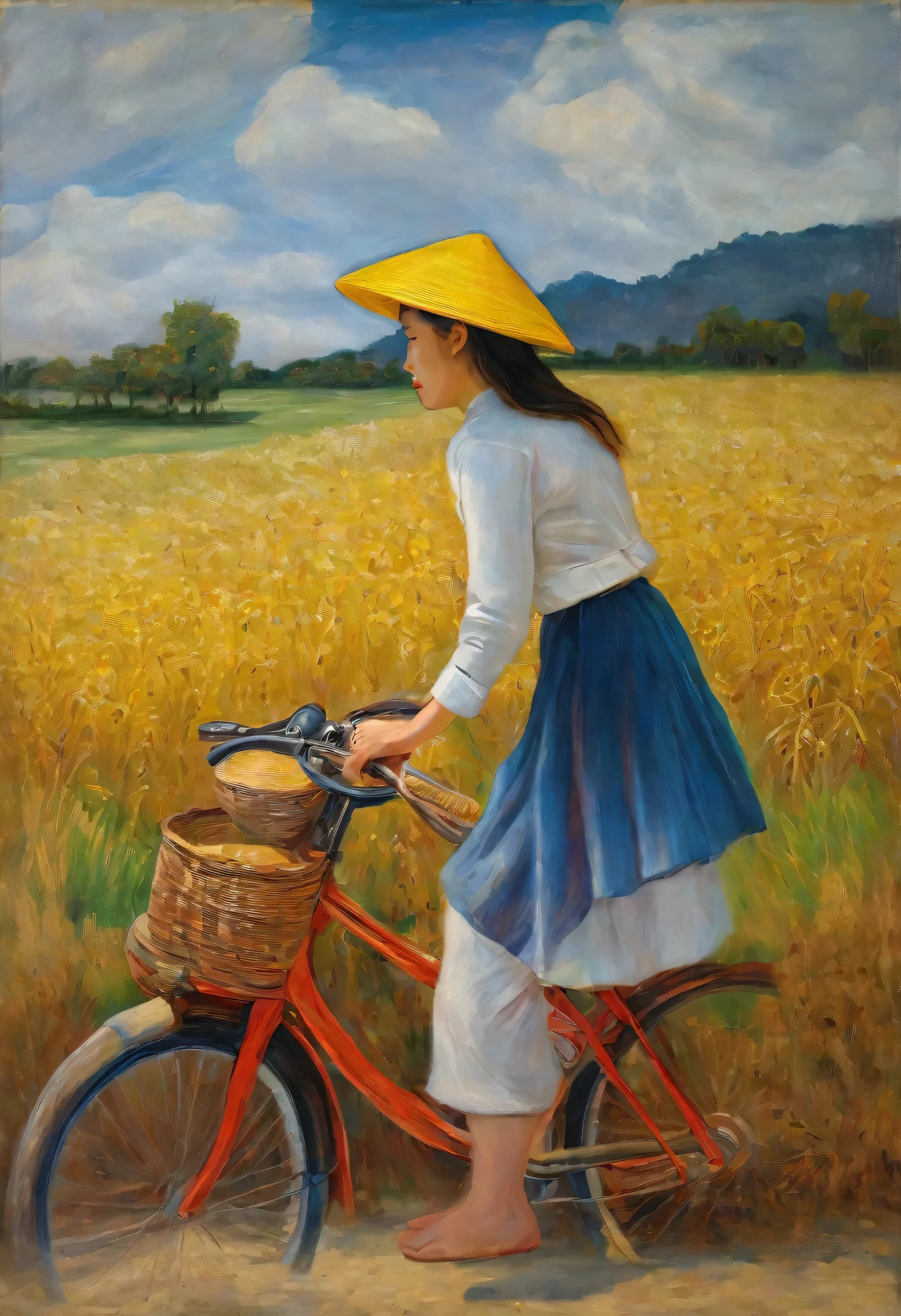 oil painting,vietnamese,traditional hat,bicycling,in a field,(best quality,ultra-detailed),vivid colors,portrait,soft lighting, renoir, van gogh, chirico, leonardo da vinci, masterpiece