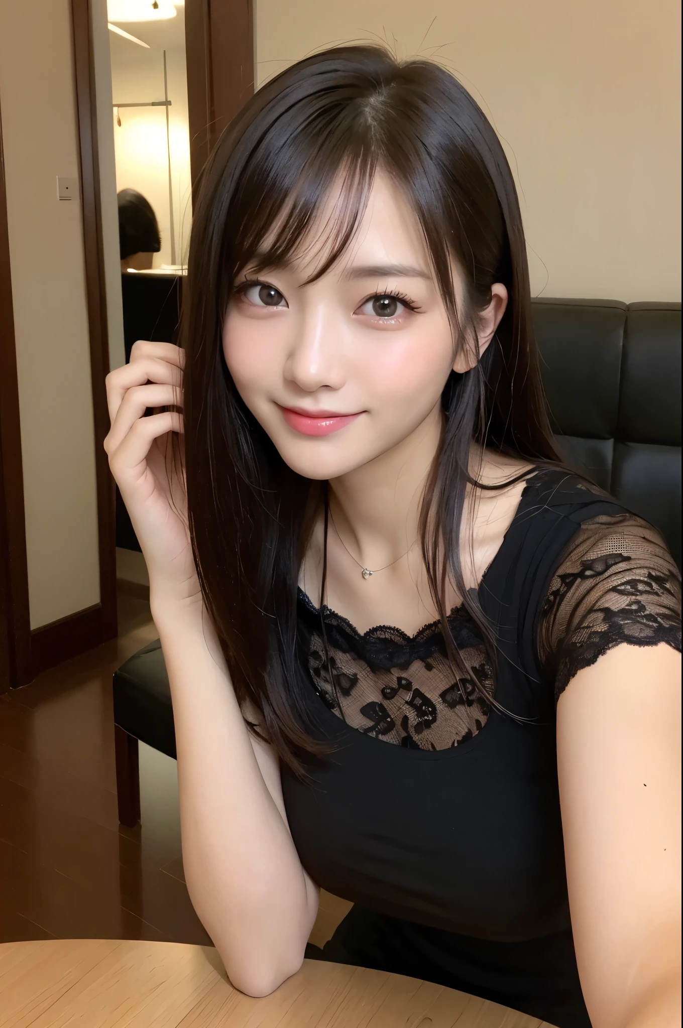 On the table、best quality、Photorealism、Finely、high resolution、８wallpaper、Perfect dynamic posture、Beautiful slender eyes and long hair、（Big plump breasts 1.3）、casual sexy pose、Random situations、Selfie Angle，Looking at the camera，（Tight round neck black mesh lace shirt）、、Gentle smile、50 years old、（Perfect Eyes 1.3）、Mature adult beauties、Japanese、