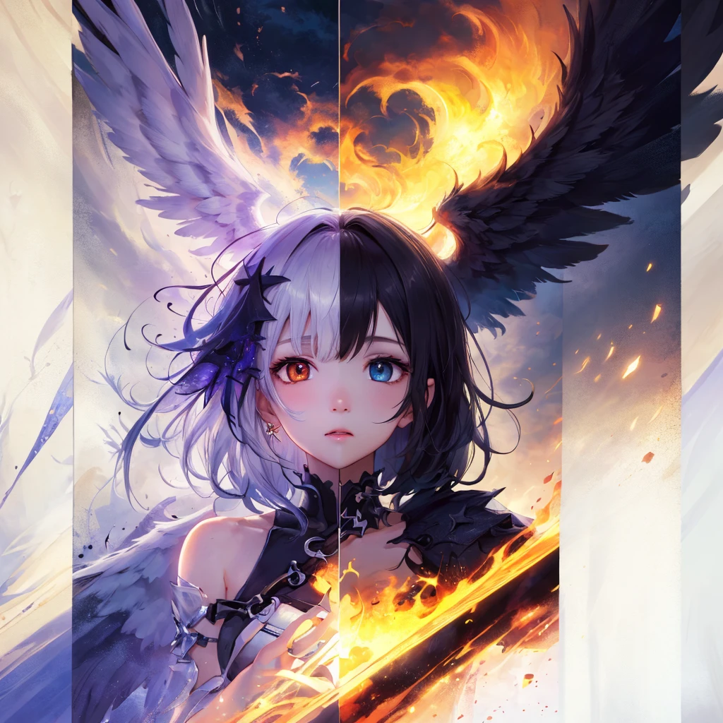 (masterpiece:1.3),(best quality:1.2),8k,absurdres,unity 8k wallpapper,(extremely detailed:1.3),highestres,
1girl, ,heterochromia, white hair, black hair, split theme, angel,devil,wings,